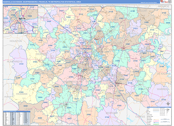Nashville-Davidson-Murfreesboro-Franklin Metro Area Wall Map